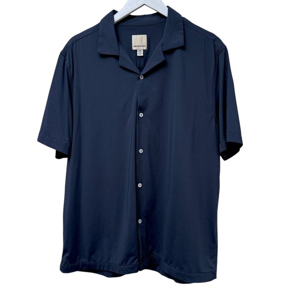 INDUSTRY Mens Travel Stretch Shirt Large Navy Blue Short Sleeve Button Up - Picture 1 of 6